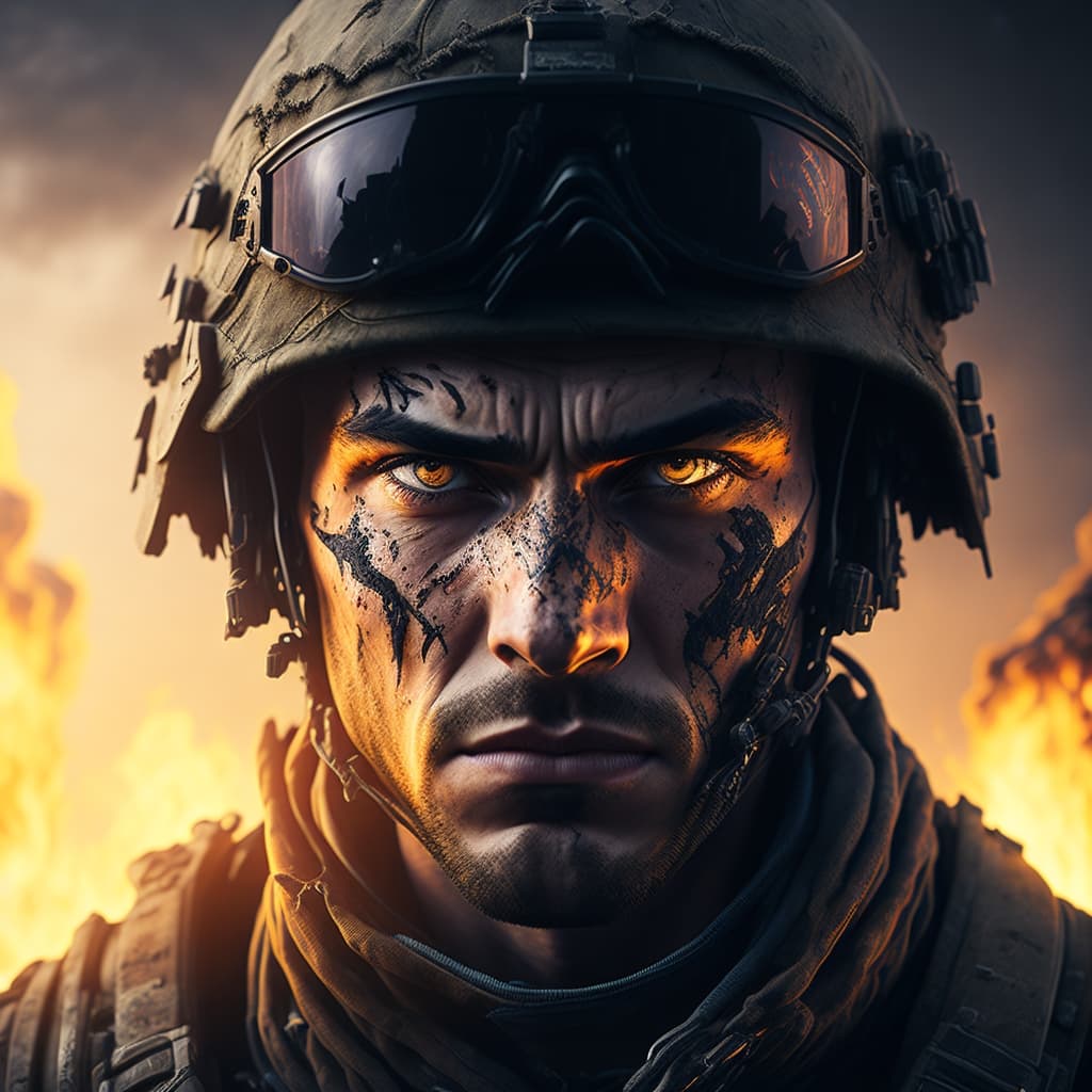 AI generated: /imagine The face of a battle-hardened Call of Duty soldier, with a strong jawline and a determined ...