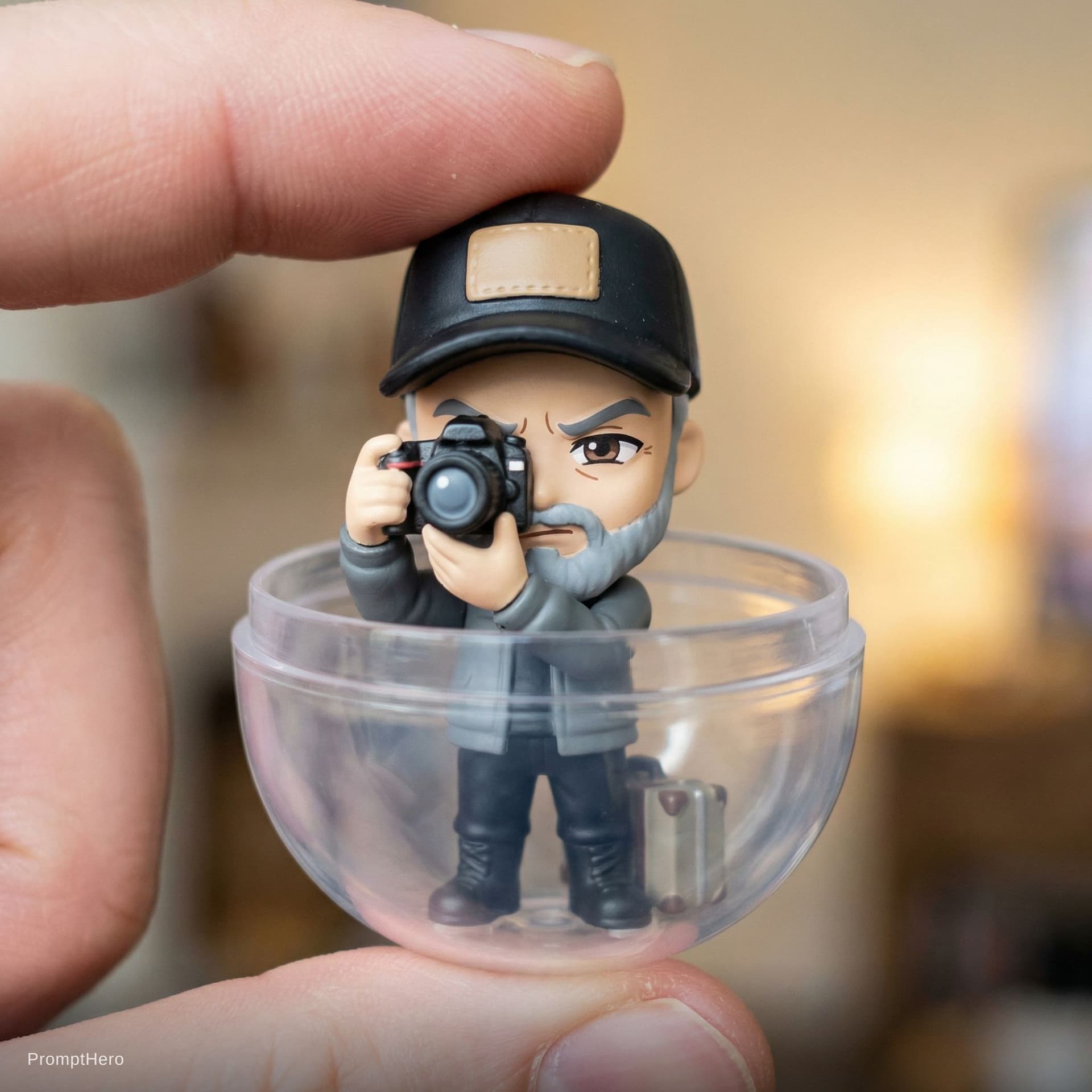 AI generated: {
 "subject": {
 "type": "chibi figurine",
 "gender": "male",
 "expression": "focused",
 "pose": "ho...