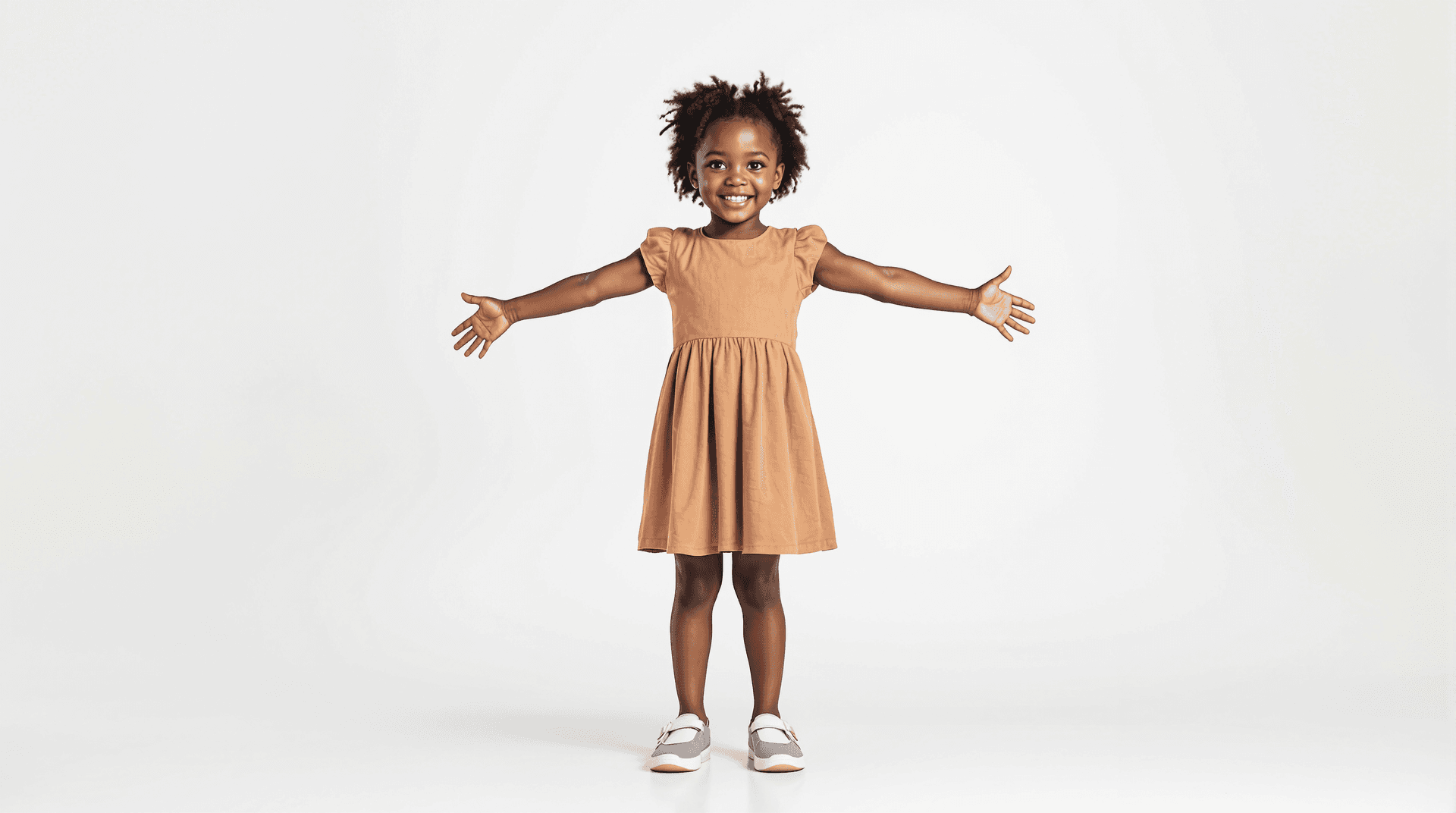 AI generated: A realistic 4D full-length photograph of an 5 year old kindergarten American Black girl, brown skin,...