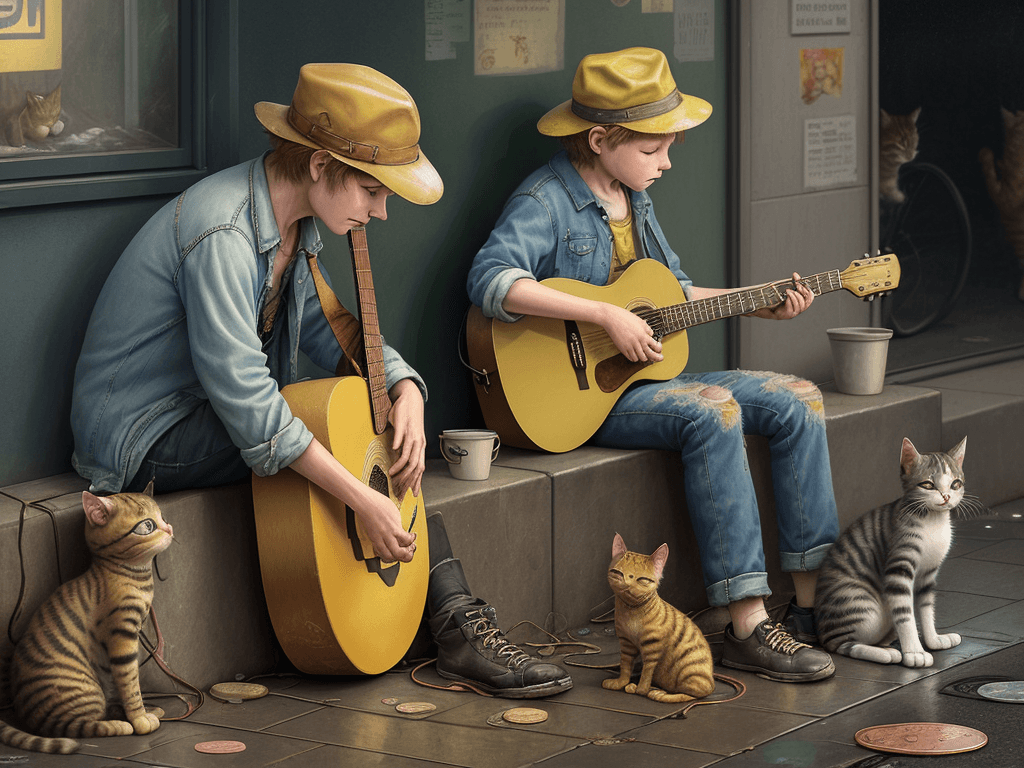 AI generated: realistic,masterpiece,a yellow cat with a shabby Denim hat,sitting on a wet street corner,is playing...