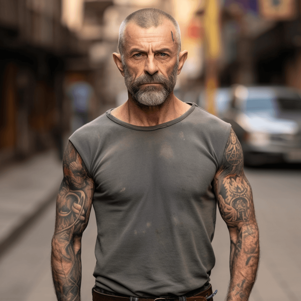 AI generated: male, 45 years old, small muscles, short Military haircut, Melted Hair, bat ear, one week beard, ful...