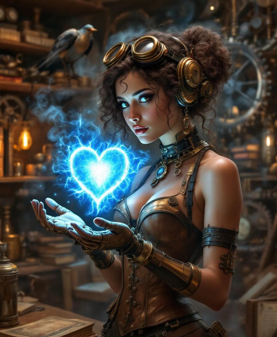 AI generated: A young steampunk inventor in her gear-filled workshop, dressed in a leather corset, bronze gloves, ...