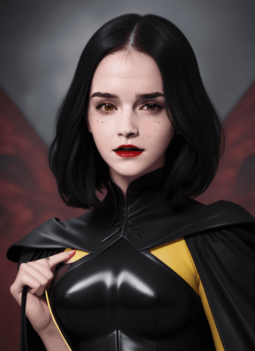 AI generated: Hyper realistic female sith (Emma Watson face) in black sith outfit, dark red lips, yellow eyes, bla...