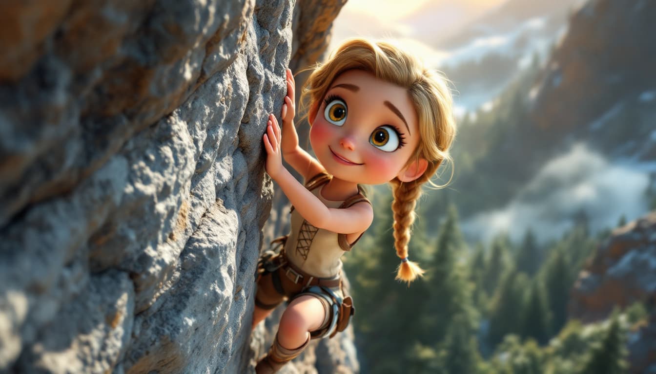 AI generated: A 3D stylized cartoon girl with blonde braided hair, wearing a beige lace-up climbing top and brown ...