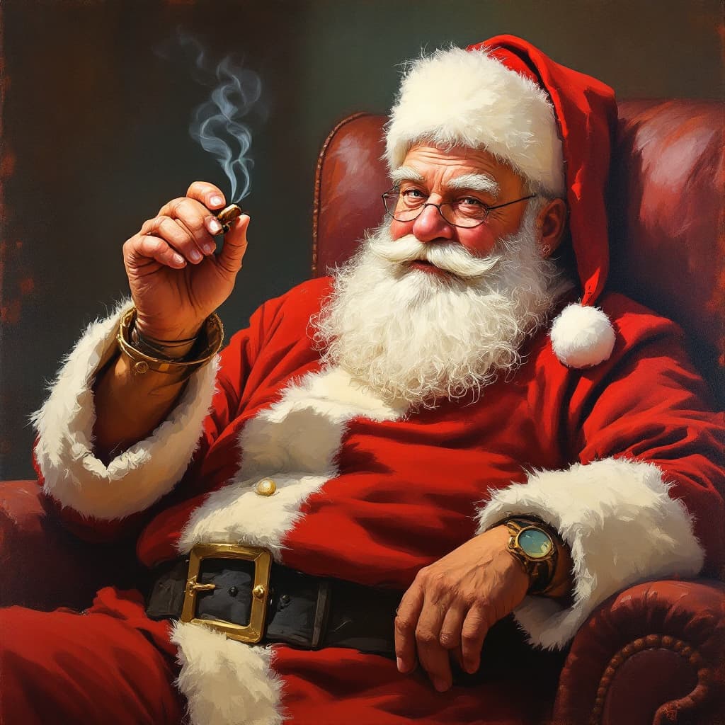 AI generated: impressionist painting on canvas of In a few spatula strokes, the human figure of Santa Claus is pai...