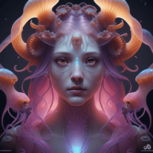 AI generated: Goddess close-up portrait ribcagel. jellyfish phoenix head, nautilus, orchid, skull, betta fish, bio...