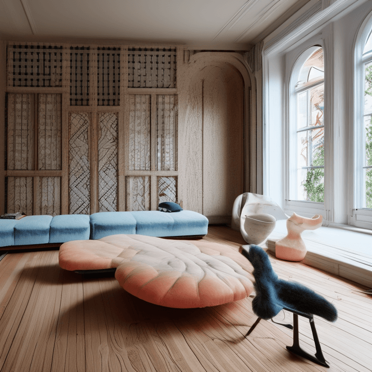 AI generated: High resolution photography interior design, dreamy sunken living room conversation pit, wooden floo...