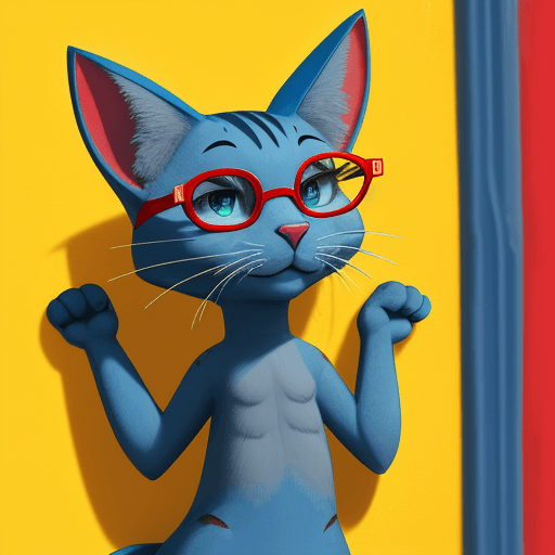 AI generated: blue cat, with red glasses in a yellow wall
