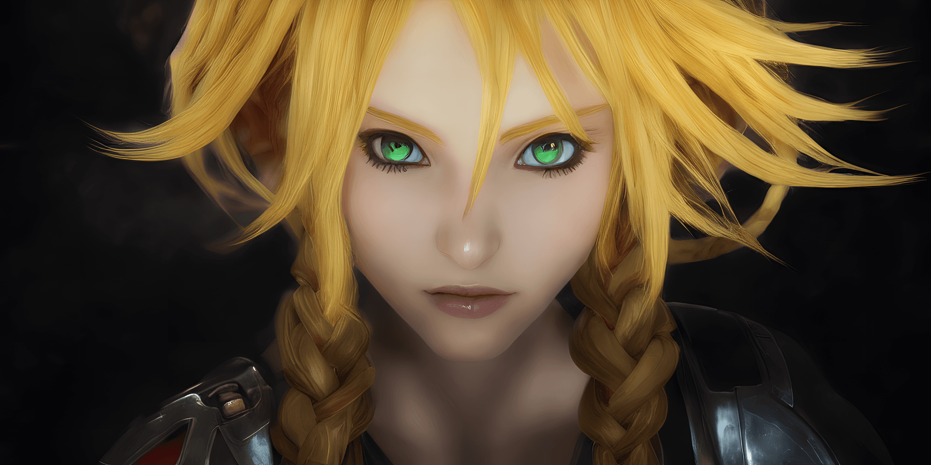 AI generated: A close up portrait of a Warrior with green eyes, anime yellow hair, clear bright white skin, a phot...