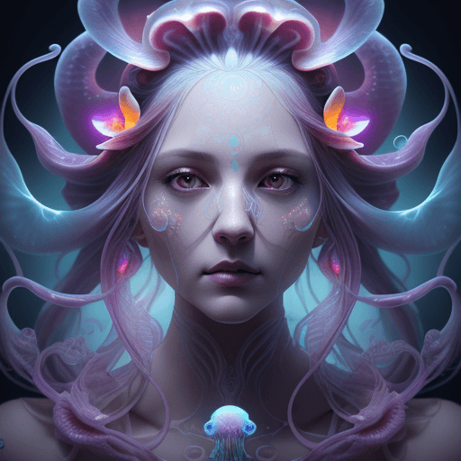 AI generated: Goddess close-up portrait ribcagel. jellyfish phoenix head, nautilus, orchid, skull, betta fish, bio...