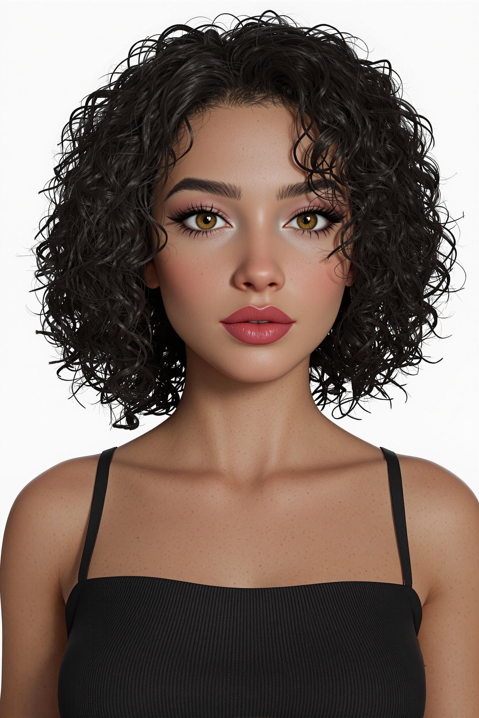 AI generated: un modèle aux cheveux noirs bouclés, dans le style de daz3d, gros plan, brumeux, ondulé, brun, tondo...