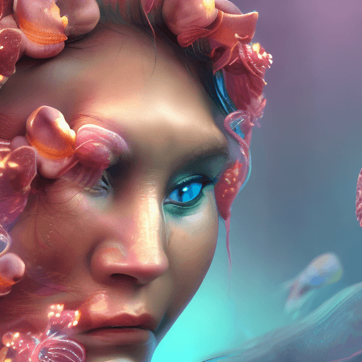 AI generated: Goddess close-up portrait ribcagel. jellyfish phoenix head, nautilus, orchid, skull, betta fish, bio...