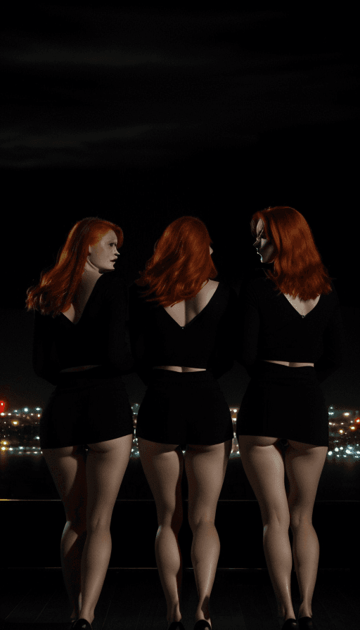 AI generated: 3 attractive ginger women. All are wearing black bodys. The photo is taken with a high-resolution ca...