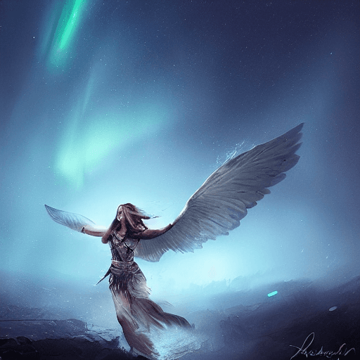 AI generated: A stunning portrait of a female valkyrie descending, aurora borealis in the background, centered| in...