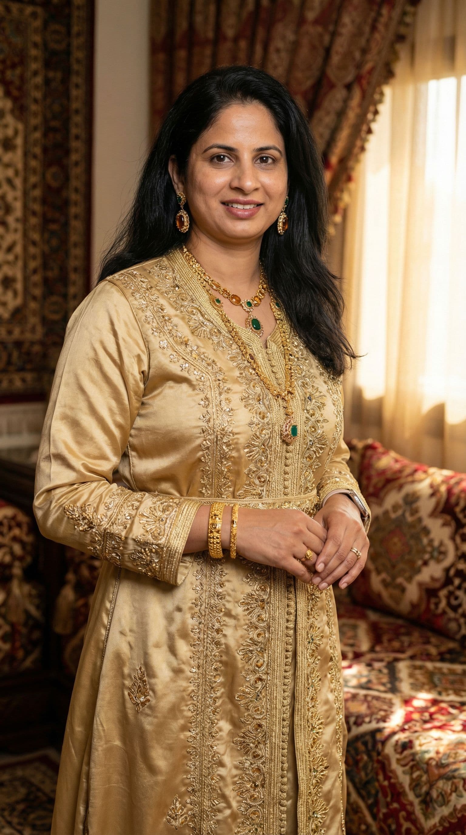 AI generated: Sensual woman wearing a gold dress arab traditional , gold jewelry , sexy woman wearing a gold dress...