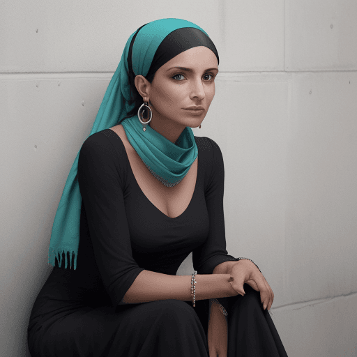 AI generated: The image features a woman wearing an tosca scarf, which is wrapped around her head. She is sitting ...