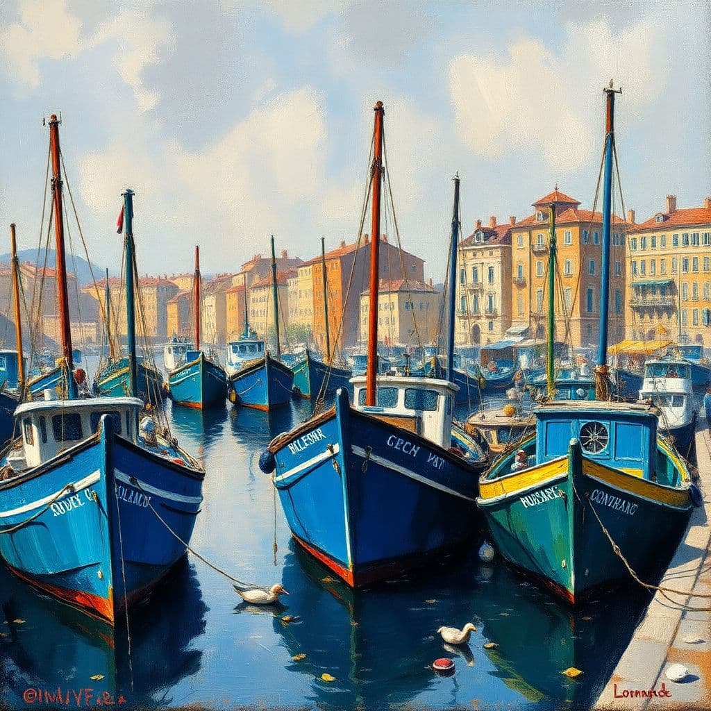 AI generated: boukaabka port, blue fishing boats a city scene, in the style of the snapshot aesthetic, Rembrandt, ...
