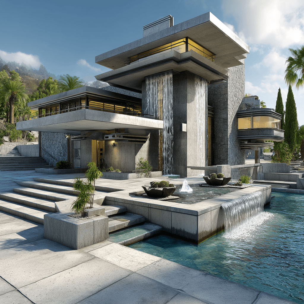 AI generated: majestic mid-century modern mansion resembling a lotus flower, with layered terraces, cascading
wat...