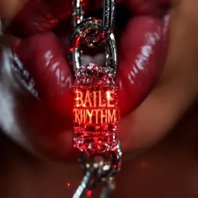 AI generated video: The diamond slowly moving like slowmotion, background many red particles flying, the mouth in backgr...