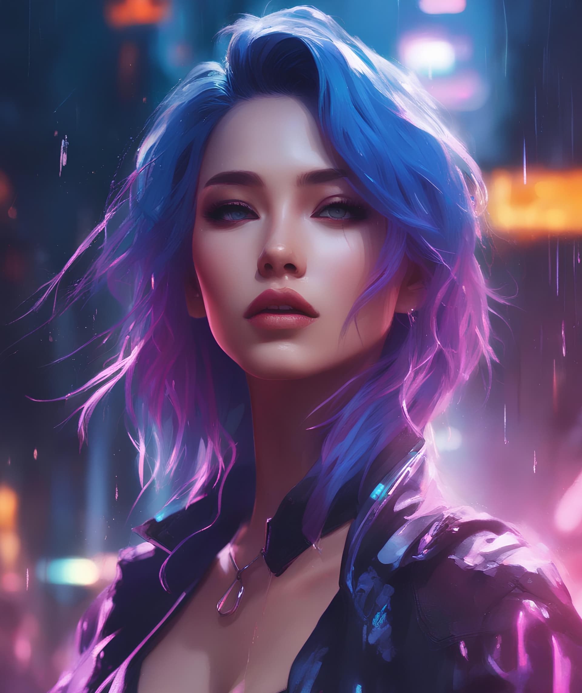 AI generated: a close up of a person with blue hair, inspired by Ross Tran, digital art, dark glowing rain, artwor...