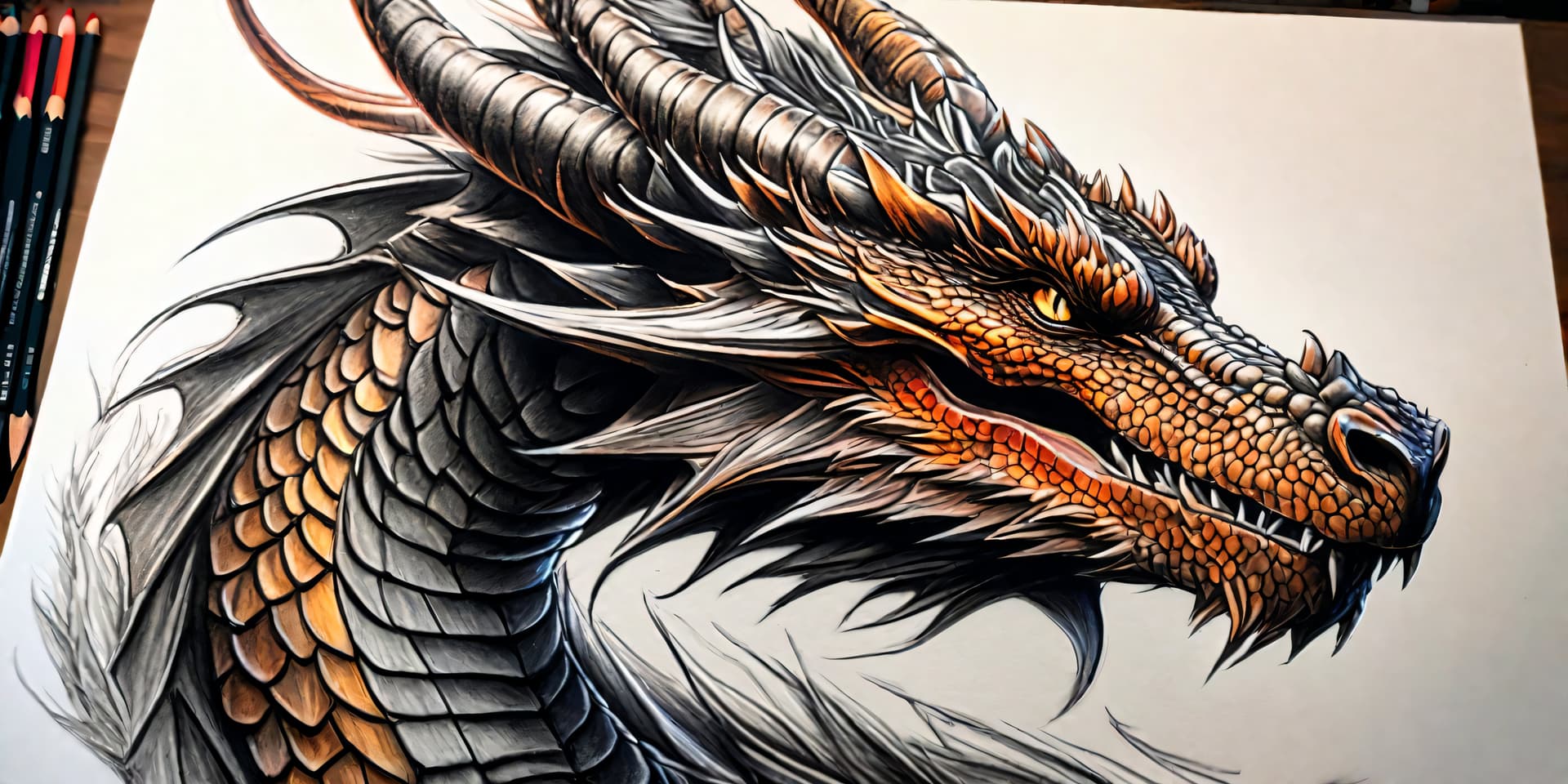AI generated: A detailed sketch mixed with flowing charcoal shadows with colored pencil, drawing of a dragon, prof...