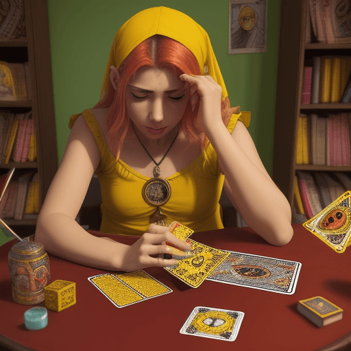AI generated: una foto realista, de una chica de 20 años, usando un hottie amarillo, leyendo las cartas del tarot,...