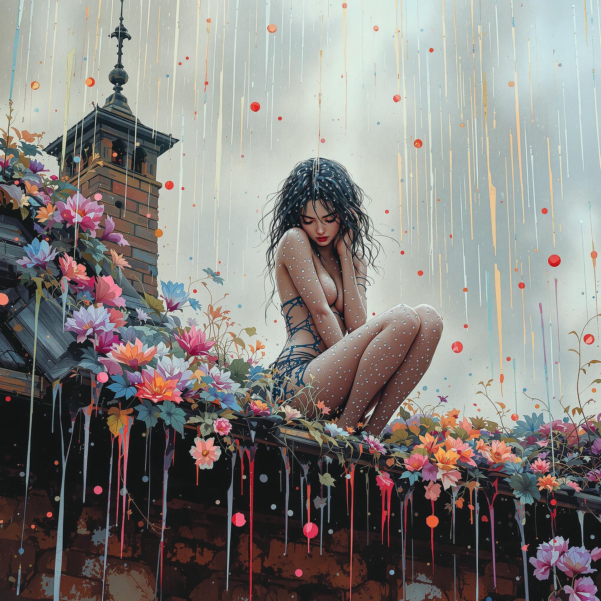 AI generated: Raindrops on the roof, Pitter-patter lullaby, Cleansing for the soul| dynamic pose |centered| key vi...
