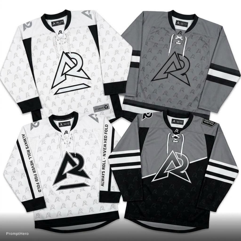 AI generated: The bottom left jersey only. Replace the text on both sleeves with ALWAYS ROLL NEVER FOLD