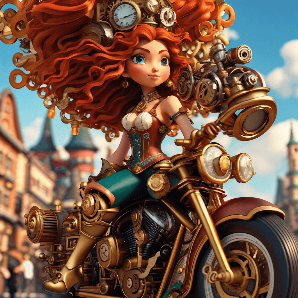 AI generated: RAW, 24 year old cute steampunk Disney Merida, mecha musume aesthetic, adorned in intricate outfit, ...