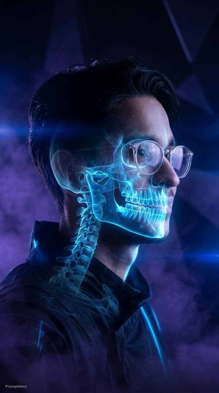 AI generated: futuristic surrealism, front portrait of a man, side shot, transparent skin revealing her bones, glo...