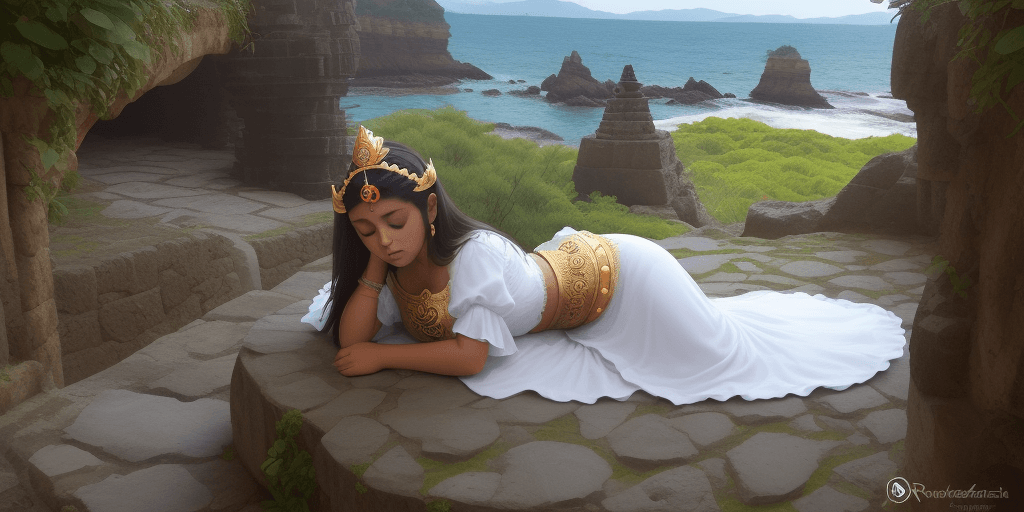 AI generated: princesa azteca hermosa dormida horizontalmente de espalda sobre rocas