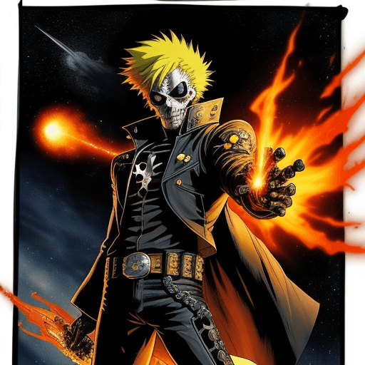 AI generated: Ghost Rider as an anime space cowboy like from Cowboy Bebop or Trigun:: space western theme:: wester...