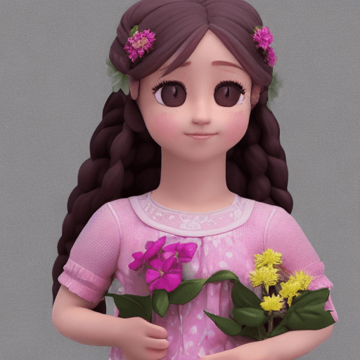 AI generated: A cute kind-hearted and nurturing young girl, with side braid pink hair, round face, soft smile line...