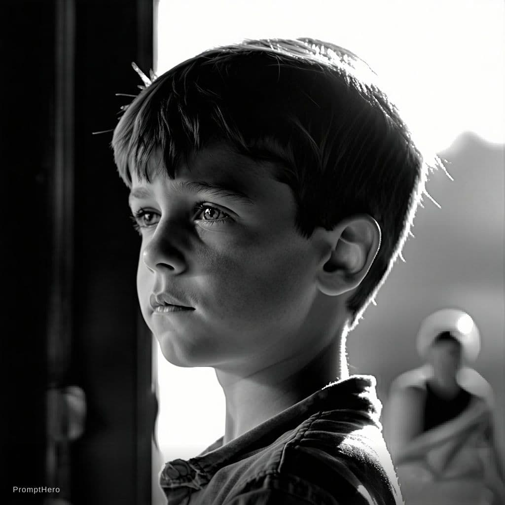AI generated: black and white photography in style by Bruce Davidson, young boy sadly looks aside, highres, realis...