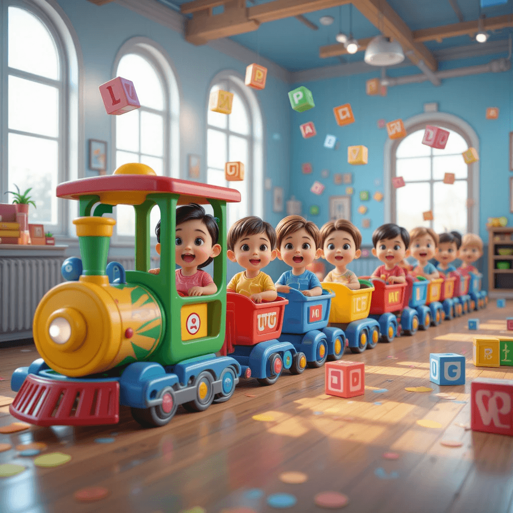 AI generated: A fun indoor playroom with a long, colorful toy train carrying cheerful singing toddlers, each sitti...