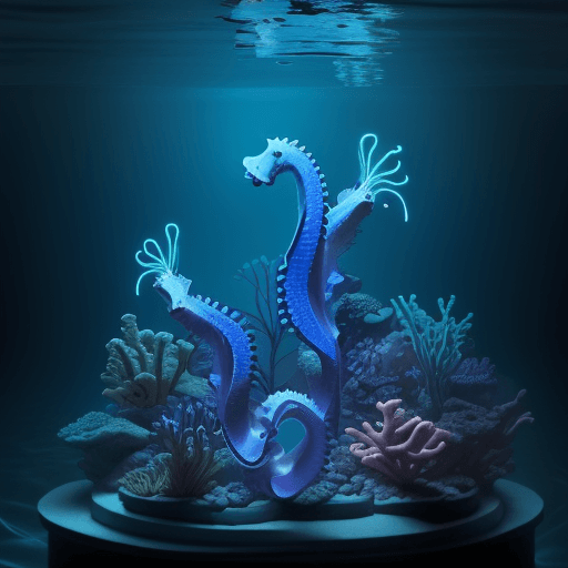 AI generated: School of neon seahorses in dark blue water.  Electric plants