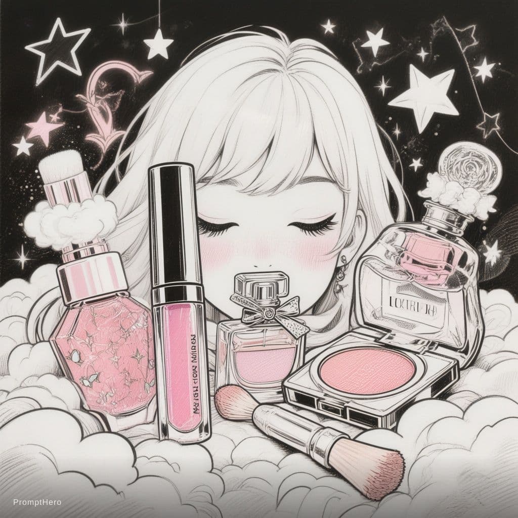AI generated: Cute dreamy cosmetics collection with lip gloss, perfume and blush surrounded by clouds, stars and s...