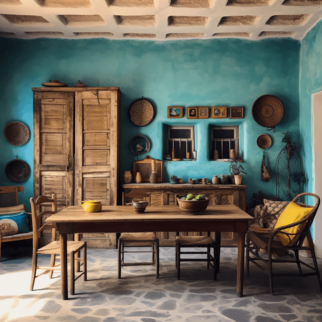 AI generated: the home of person in cyprus, in the style of light emerald and indigo, earth tone color palette, da...