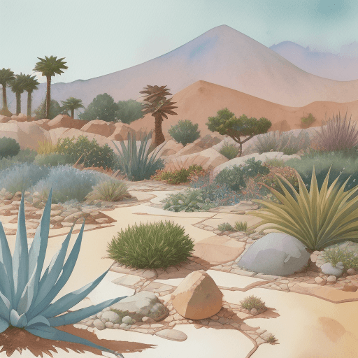 AI generated: Low angle, view of a shattered modern landscape design with California native and Mediterranean clim...