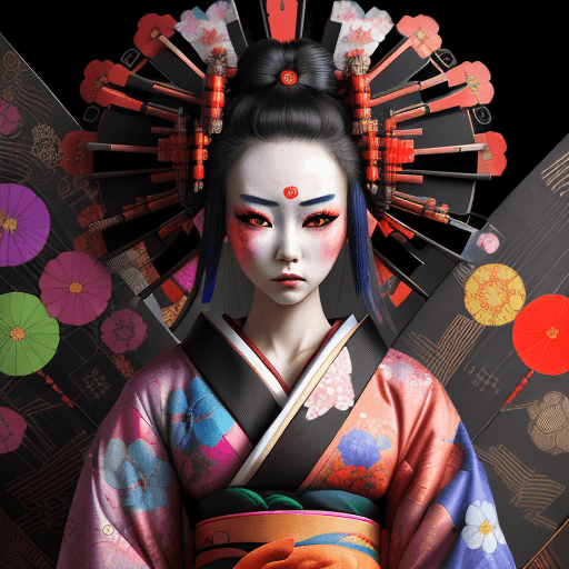 AI generated: Cyberpunk humanoid robot geisha, flower kimono, very colorful, depressed look, hypermaximalist, eleg...