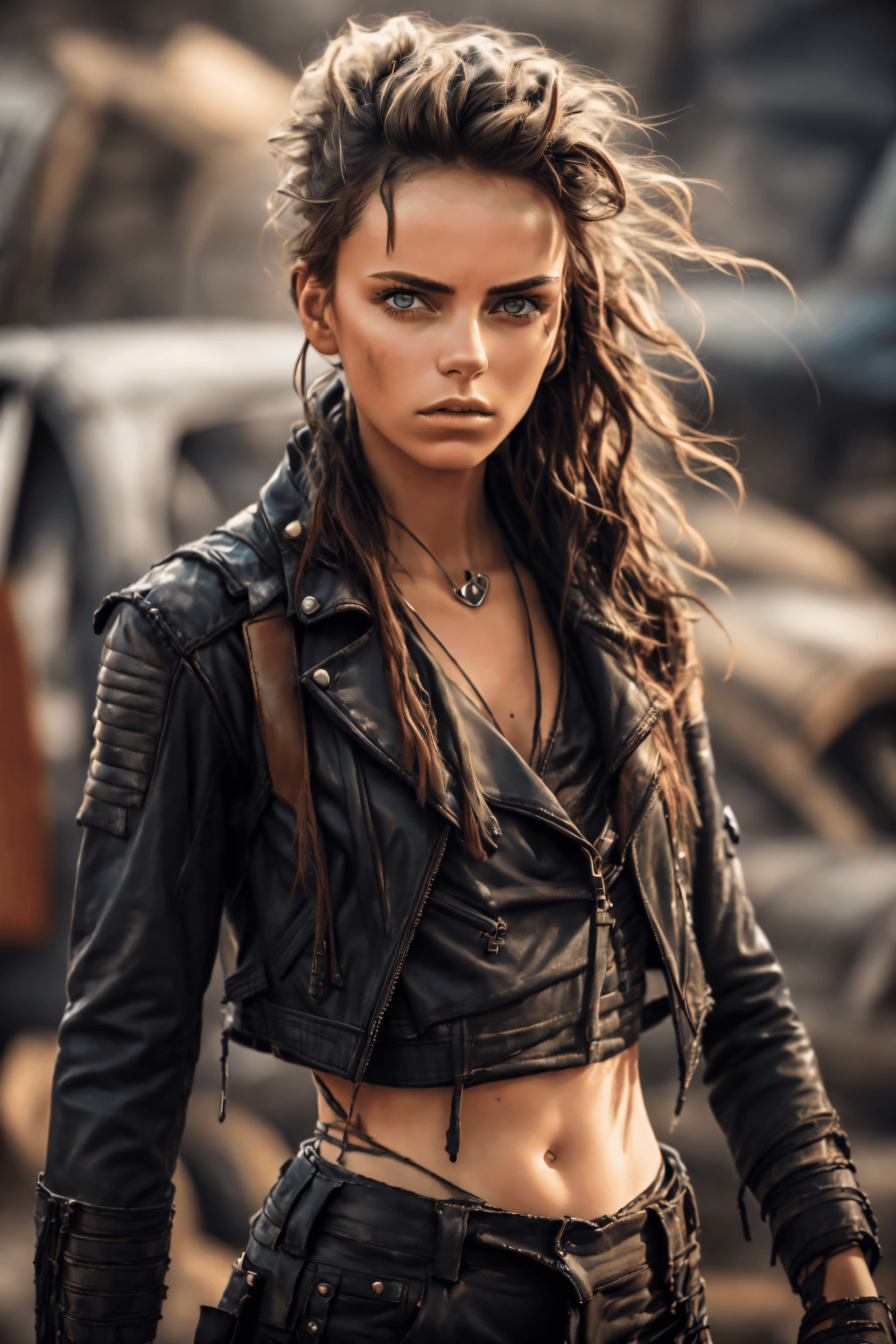 AI generated: A portrait image of a young, skinny woman with small breasts, dressed in a trendy jeans crop top and...