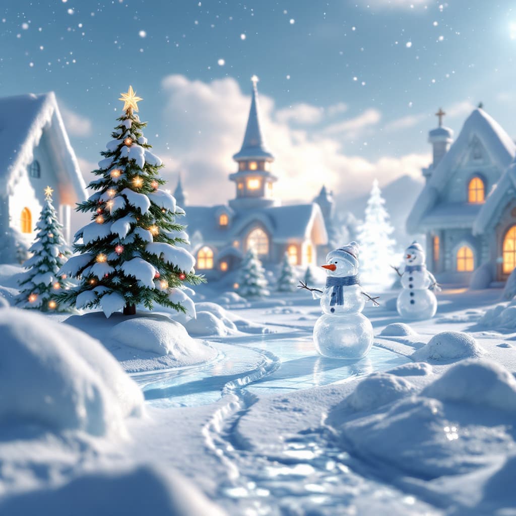 AI generated: 3D render of a photorealistic image of an ice town, ice fairy sculptures of Santa, snowman, Christma...