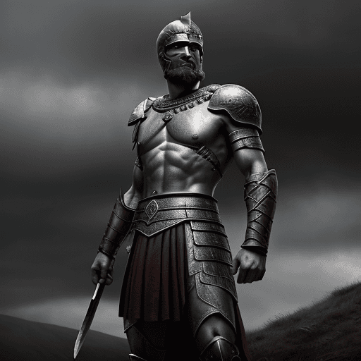 AI generated: Leonidas 1 the king of Sparta, a great warrior, stands after the battle, looking into the distance, ...