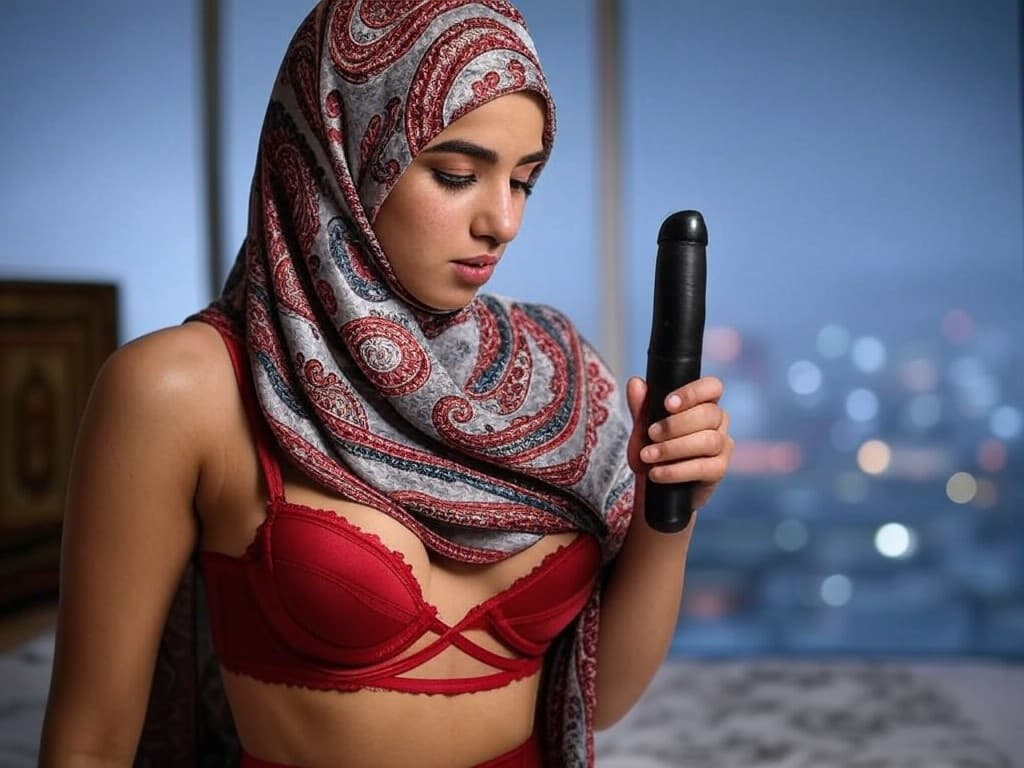 AI generated: Sexy arabic women hijab big as big boobs thight lingerie, holding the huge black penis with the righ...