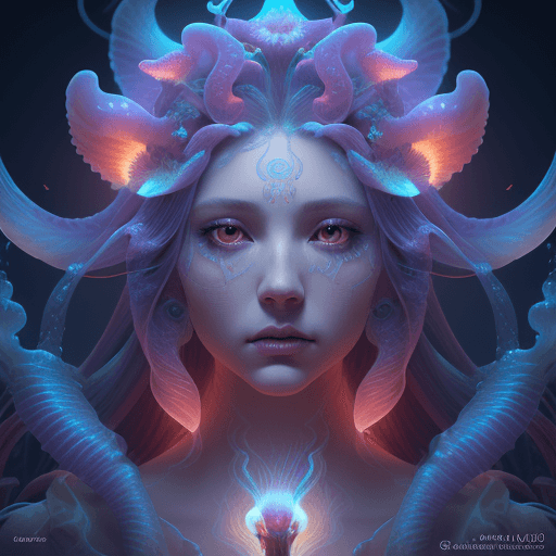 AI generated: Goddess close-up portrait ribcagel. jellyfish phoenix head, nautilus, orchid, skull, betta fish, bio...
