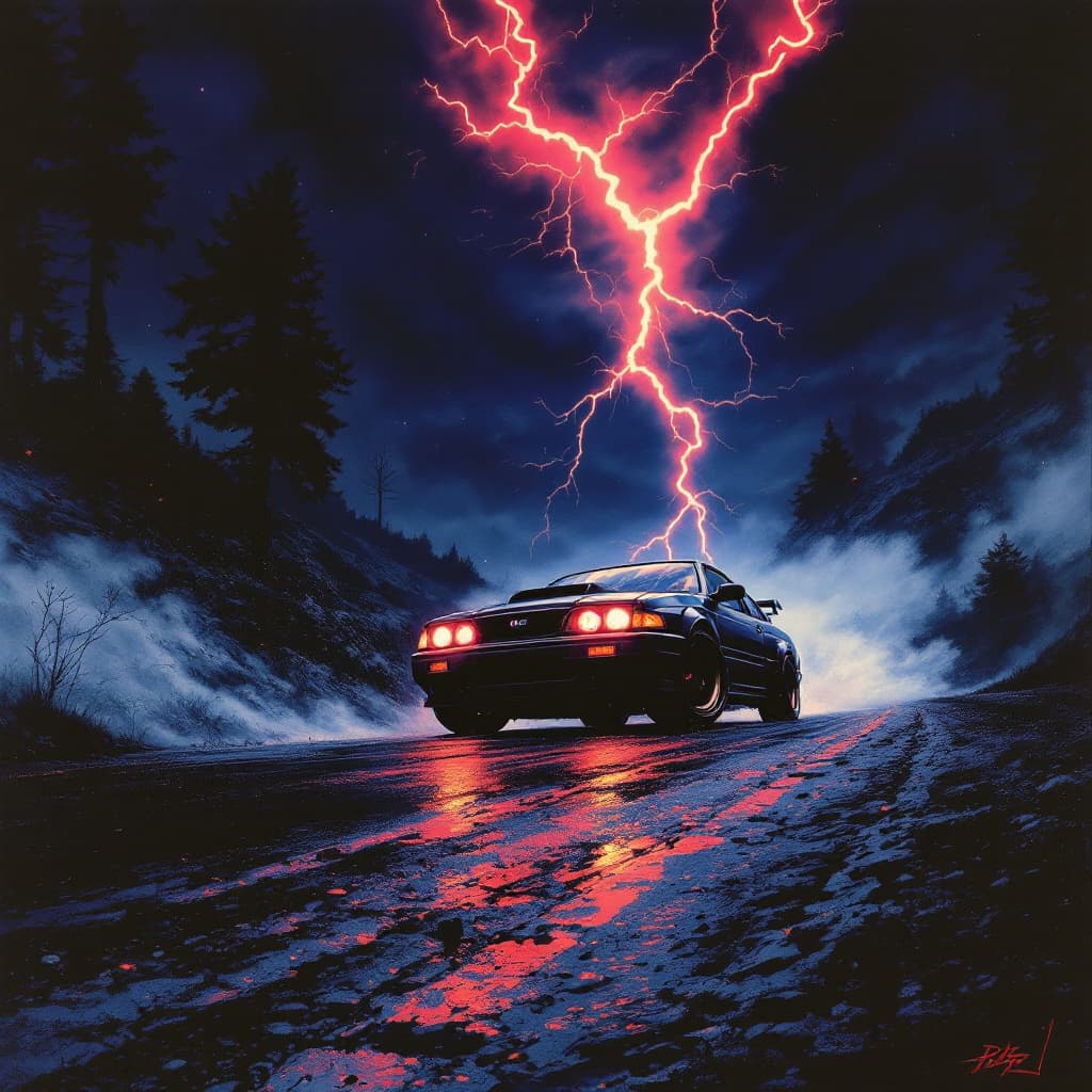 AI generated: void pursuit
old JDM car
looking at camera
red lightning eyes
90's poster
small eclipse