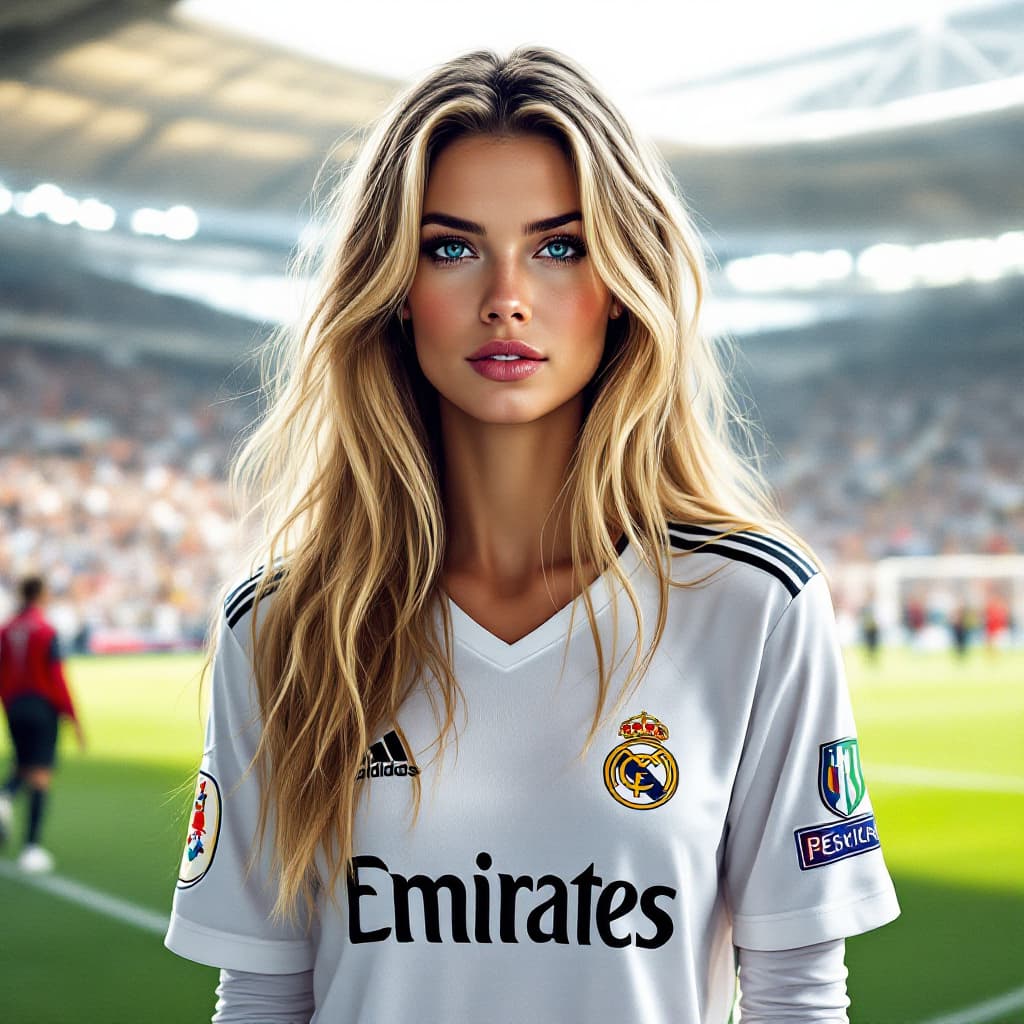 AI generated: Female Cristiano ronaldo with long blonde hair and blue eyes wearing a real madrid shirt while stand...