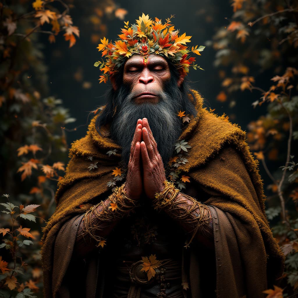 AI generated: full body Lord Hanuman with masculine face made out of autumnal foliage and plants, look monkey, wit...
