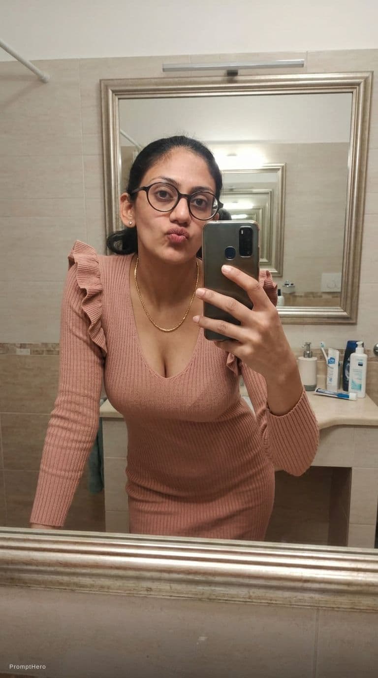 AI generated: looking at me. Taking a bathroom mirror selfie, wearing same (cleavage) bodycon dress leaning forwar...
