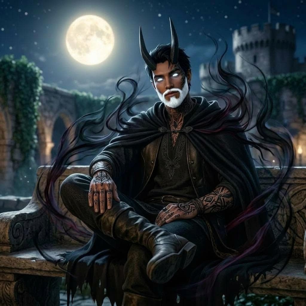 AI generated: While keeping his relaxed vibe give him black cloak and dark energy flowing around him and black tat...